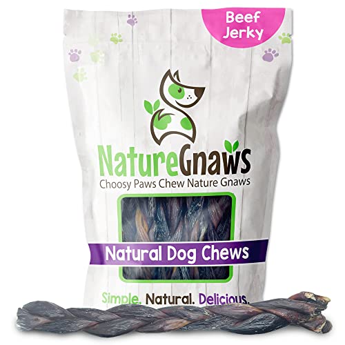 Nature Gnaws Braided Beef Jerky Chews for Dogs - Premium Natural Beef Gullet Sticks - Simple Single Ingredient Tasty Dog Chew Treats - 11-12 Inch (5 Count)