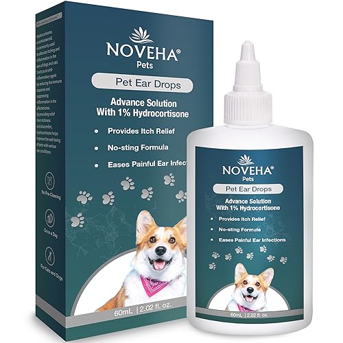NOVEHA Pet Ear Drops with 1% Hydrocortisone | Ear Cleaner for Dogs & Cats for Earwax buildup, Acute & Persistent Soreness - No-Sting Formula, Calms Itch & Reduces Painful Ear Infections 60mL