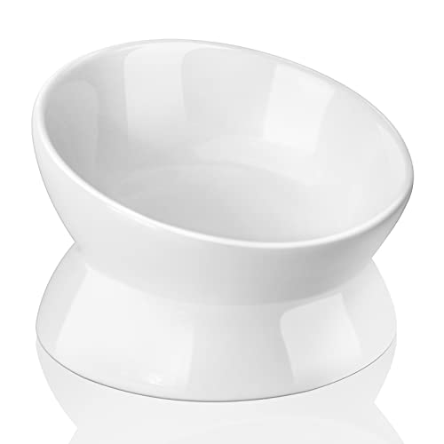 Nucookery Ceramic Cat Food Bowl Elevated,Raised Tilted Bowl Protect Pets' spines and Neck, Anti Vomiting Cat Bowl, Small Dog cat Kitten Supplies (5“, Pure White)