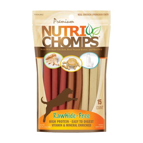 Nutri Chomps Dog Chews, 5-inch Twists, Easy to Digest, Rawhide-Free Dog Treats, 15 Count, Real Chicken, Peanut Butter and Milk flavors