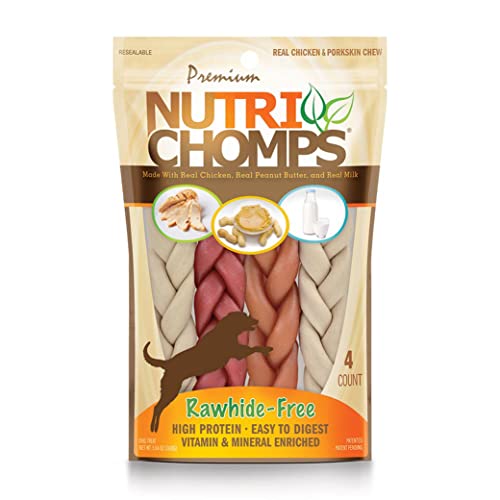 NutriChomps Dog Chews, 6-inch Braids, Easy to Digest, Rawhide-Free Dog Treats, Healthy, Real Chicken, Peanut Butter and Milk flavors, Pack of 4