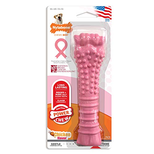 Nylabone Power Chew Textured Pink Breast Cancer Awareness Chew Toy - Tough and Durable Dog Bone for Aggressive Chewers - Chicken Flavor, X-Large/Souper (1 Count)