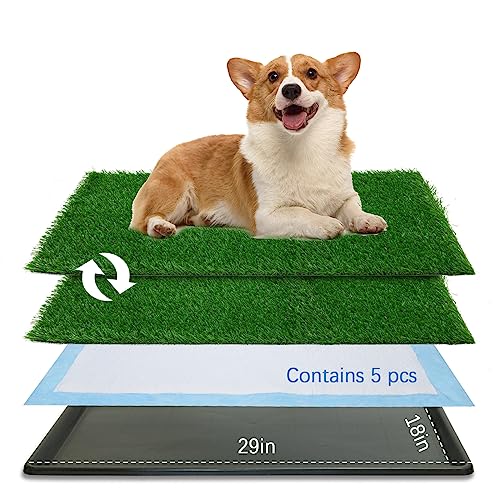 Oiyeefo Dog Grass pad with Tray,29”x 18” Indoor Dog Potty with 2 Packs Replacement Artificial Fake Grass-5 Packs Disposable Puppy Pads,for Puppy Training Apartment,Apartment Use