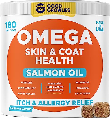 Omega 3 Alaskan Fish Oil Treats for Dogs 180 Ct - Dry & Itchy Skin Relief + Allergy Support - Shiny Coats - EPA&DHA Fatty Acids - Natural Salmon Oil Chews Promotes Hip & Joint Support - Salmon Flavor