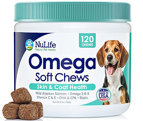 Omega 3 Dog Chews with Biotin & Vitamin E – Allergy Chews for Dogs Itching - Wild Alaskan Salmon Oil – Skin and Coat Supplement – Omega 3 6 9 - EPA & DHA Fatty Acids - Made in USA – 120 Treats