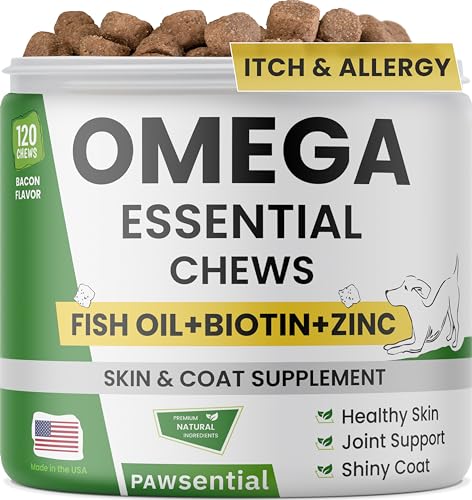 Omega Fish Oil for Dogs - for Dry Itchy Skin - Allergy Relief for Dogs Itching - Omega Skin & Coat Supplement Chews - Itch Relief, Shedding, Hot Spots - Anti Itch Vitamins Skin Health - 120 Treats