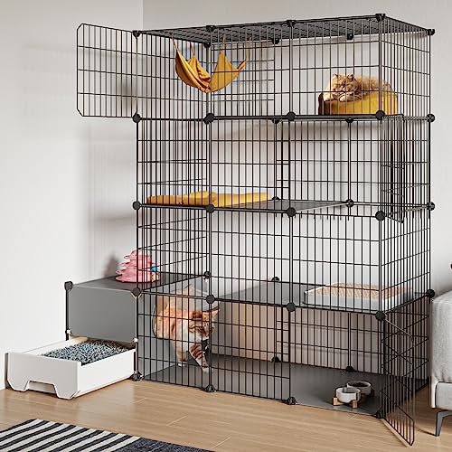 Oneluck Cat Cage with Litter Box,4-Tier DIY Cat Enclosures Large Playpen Detachable Metal Wire Kennel Indoor Crate Large Exercise Place Ideal for 1-2 Cat