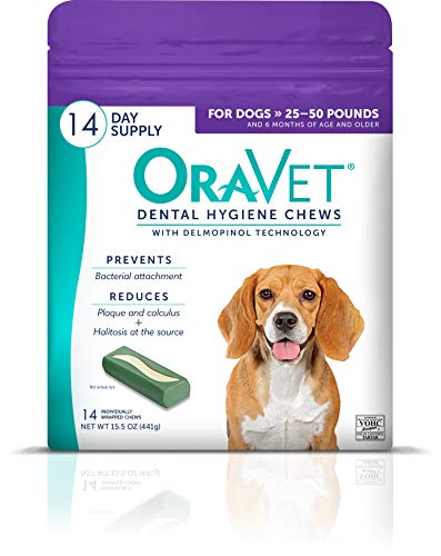 ORAVET Dental Chews for Dogs, Oral Care and Hygiene Chews (Medium Dogs, 25-50 lbs.) Purple Pouch, 14 Count