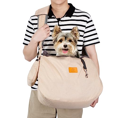 Ownpets Pet Sling Carrier, Fits 15 to 25lbs Extra-Large Dog/Cat Sling Carrier Reversible and Hands-Free Dog Bag with Adjustable Strap and Pocket Shoulder Pad, Beige