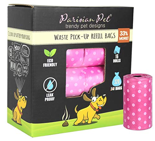 Parisian Pet Dog Poop Bags for Dogs – Refills Rolls of Doggie Bags for Poop – Unscented Dog Poop Bag – Eco-Friendly Pickup Pet Waste Bags, 16 Rolls, Pink Polka Dot