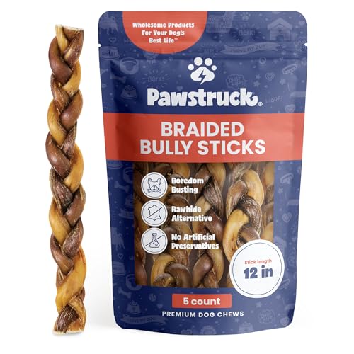 Pawstruck 12" Braided Bully Sticks for Dog, Beef Flavor, Natural Bulk Dog Dental Treats & Healthy Chews, Chemical Free, 12 inch Best Low Odor Pizzle Stix - 5 Sticks