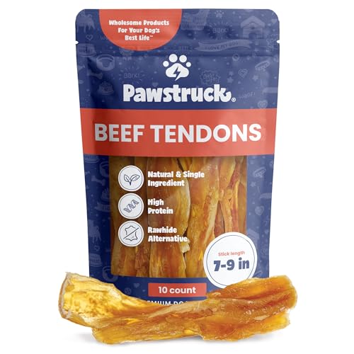 Pawstruck "7-9" Beef Tendon Chews for Dog (10 Sticks) Pet Food, Natural Beef Strap Odorless Treats, Cleans Teeth, Free-Range, Grass-Fed Beef, Free of Artificial Ingredients and Flavors, 1 Pound