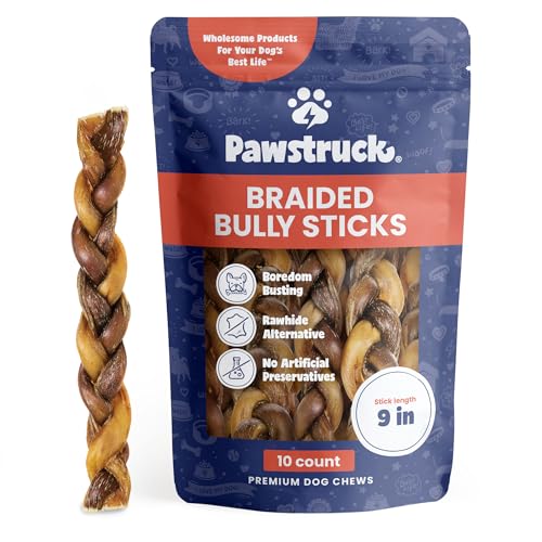 Pawstruck All-Natural 9” Braided Bully Sticks for Dogs - Tough Long Lasting, Rawhide Free, Low Odor Dental Chew Treat for Aggressive Chewers - Healthy Grain Free Single Ingredient - 10 Count