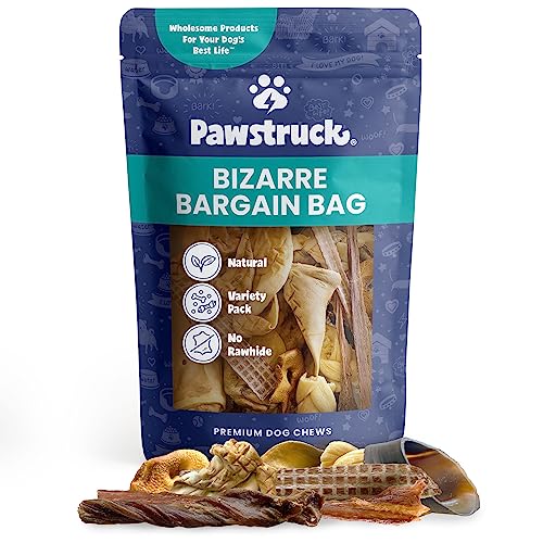 Pawstruck Bizarre Assorted Natural Dog Treats, Pet Food, Long Lasting Chews for All Breeds, Beef Flavor, Animal Ears, Bones & Jerkies, Rawhide Alternative for Aggressive Chewersy, Bargain Bag - 1 lb