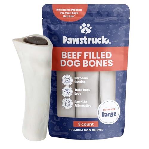 Pawstruck Large 5-6" Filled Dog Bones, Beef Flavor - Made in USA Long Lasting Stuffed Femur for Aggressive Chewers Dental Treat - Pack of 3