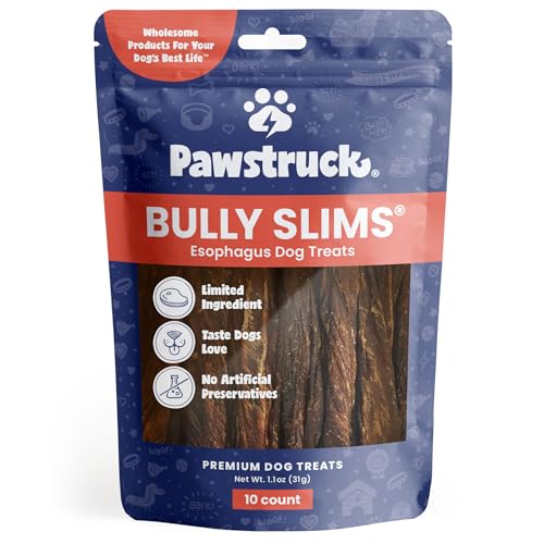 Pawstruck Natural 5” Beef Bully Slims Junior Gullet Chew Sticks for Small Dogs & Puppies - Healthy Rawhide Free Esophagus Jerky Dental Treat for Light Chewers - Supports Joint Health - 10 Count