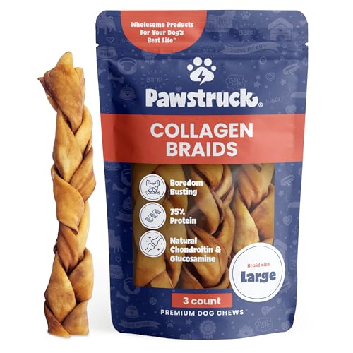 Pawstruck Natural Large 10-13” Beef Collagen Braids for Dogs - Healthy Long Lasting Alternative to Traditional Rawhide & Bully Sticks - Low Fat Dental Treats w/Chondroitin & Glucosamine - 3 Count