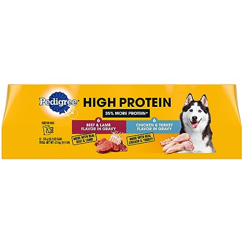 PEDIGREE High Protein Adult Canned Wet Dog Food Variety Pack, Chicken & Turkey Flavor in Gravy and Beef & Lamb Flavor in Gravy,13.2 Oz Cans (Pack of 12)