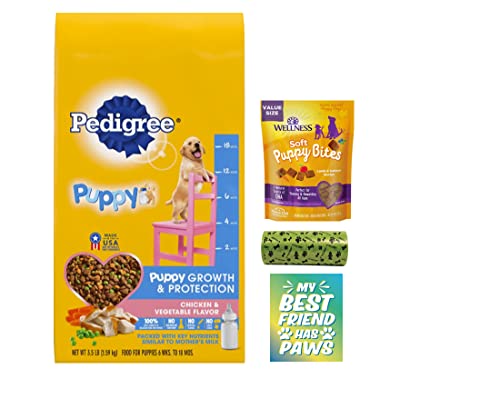 Pedigree Puppy Growth & Protection Chicken & Vegetable Flavor Dry Dog Food, 3.5 LB - Plus Soft Puppy Bites Dog Treats, Eco Friendly Poop Bag Roll & My Best Friend Weatherproof Sticker