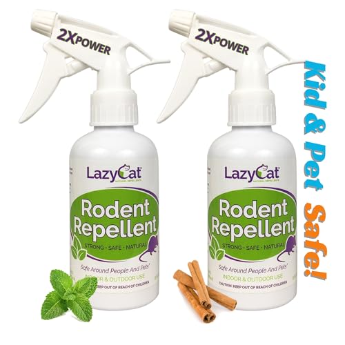 Peppermint Oil Spray for Rodents Plus Cinnamon Oil - MAX Power Mouse Repellent for Car Engines Home RV Campers Boats – Repel Mice and Rats from House Non-Staining 2X Strength (2 Pack) by Lazy Cat