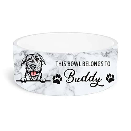 Personalized Ceramic Irish Wolfhound Dog Bowl, Custom Irish Wolfhound Bowls, Black and White Marble, Pink Marble Gift for Dog Lovers, Dog Bowl, Food Bowl, Water Bowl, Puppy Gift