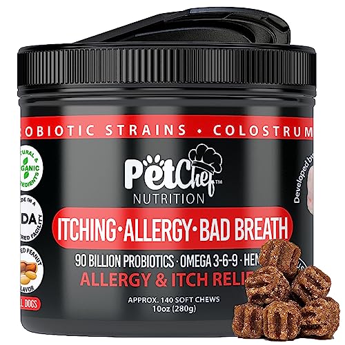 Pet Chef Allergy Relief for Dogs Itching & Scratching – Natural & Organic Dog Allergy Relief Probiotic Soothes Itching, Bad Breath, Promotes Healthy Skin & Coat, Peanut Flavor, Made in USA, 140 Count