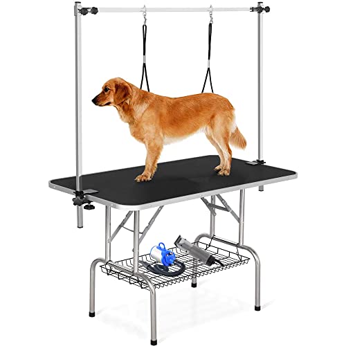 Pet Grooming Table for Large Dogs Adjustable Professional - Portable Trimming Drying Table w/Arm/Noose/Mesh Tray, Maximum Capacity Up to 330LB