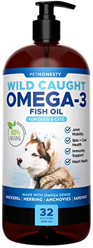 Pet Honesty Omega 3 for Dogs & Cats (32oz), Wild-Caught Omega 3 Fish Oil for Dogs Skin and Coat, Cat and Dog Supplement, Supports Shedding, Skin & Coat, Immunity, Joint, Brain & Heart, EPA + DHA