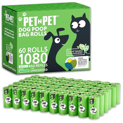 Pet N Pet 1080 Counts Green Dog Poop Bag Rolls, Dog Bags Doggie Poop Bags, 38% Plant Based & 62% PE Dog Waste Bags, Extra Thick Doggy Poop Bags, Pet Waste Bags Doggie Bags
