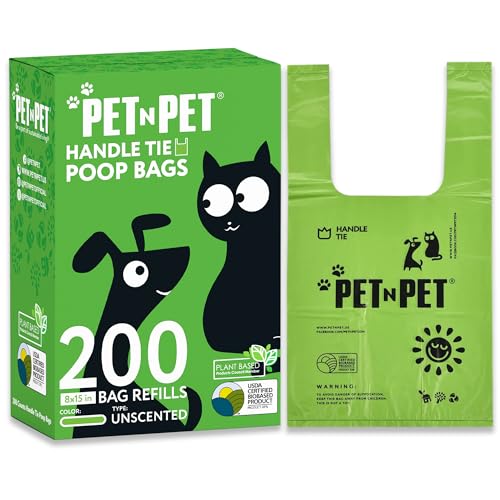 PET N PET Poop Bags Unscented | Dog Poop Bags with Tie Handles | USDA Certified 38% Biobased Dog Waste Bags | Cat Poop Bags | Durable Dog Bags for Poop | Easy Dispensing 200 Counts Poop Bags for Dogs