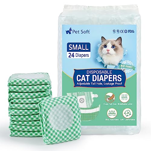 Pet Soft Disposable Cat Diapers - Diapers for Female & Male Cats, Puppy Doggie Diapers for Female Dogs with Adjustable Foam Tail Hole, Small (24Pcs, Green)