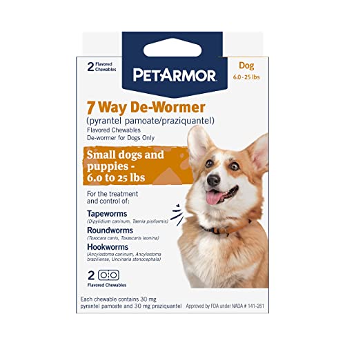 PetArmor 7 Way De-Wormer for Dogs, Oral Treatment for Tapeworm, Roundworm & Hookworm in Small Dogs & Puppies (6-25 lbs), Worm Remover (Praziquantel & Pyrantel Pamoate), 2 Flavored Chewables