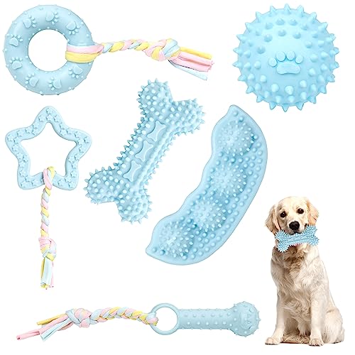 Petbuy 6 Pack Pet Dog Puppy Chew Toys for Teething Small Dogs,Soft Natural Rubber Blue Interactive Dog Puppy Toys Fun Cleaning Squeaky,Funny Dog Chew Toys for Small Medium Breed