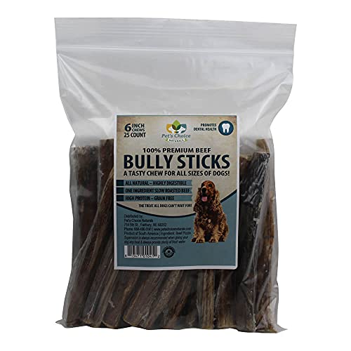 Pet’s Choice Naturals Premium Bully Sticks, Cow Pizzle Chew Treat for Dogs, 6" 25 ct