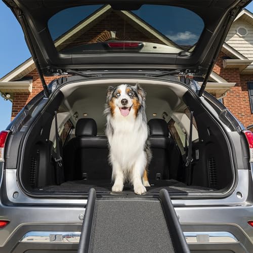 PetSafe Happy Ride Folding Pet Ramp for Cars, Trucks, & SUVs- 62 Inch Portable for Large Dogs with Siderails, Non-Slip- Weighs Only 10 lb, Supports up to 150 lb, Easy Storage, Folds in Half