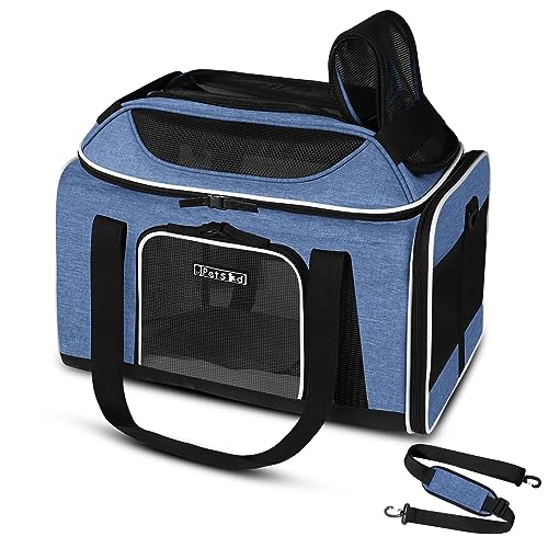 Petskd Top-Expandable Pet Carrier 17x13x9.5 Inches Southwest Airline Approved, Soft-Sided Carrier for Small Cats and Dogs with Locking Safety Zippers and Anti-Scratch Mesh(Blue)