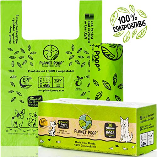 PLANET POOP Home Compostable Dog Poop Bags 30, XL Sized Cat Litter Box Clean-up Doggy Waste Bag with Handles, Pooper Scooper Swivel Bin, Biodegradable for Dogs Extra-Large Grocery Size Pet Supplies