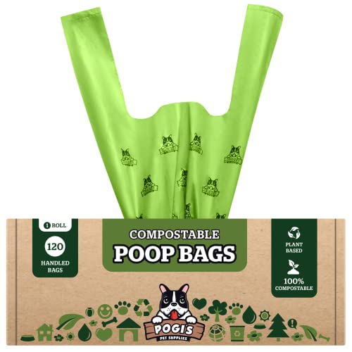 Pogi's Compostable Dog Poop Bags with Handles - 120 Doggie Poop Bags with Easy-Tie Handles - Leak-Proof Dog Waste Bags, Plant-Based, ASTM D6400, EN 13432 Certified Extra Large Poop Bags for Dogs