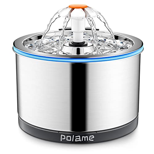 POLAME Cat Water Fountain Stainless Steel, Ultra-Quiet Cat Fountains for Drinking, Metal Cat Fountain Pet Water Fountain for Cats Inside, 84oz/2.5L with Three Water Flow for Cats, Dogs