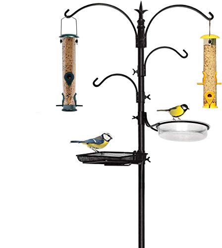 Premium Bird Feeding Station with 2 Bird Feeders Included for Outside - Multi Feeder Pole Stand Kit with 4 Hangers, Bird Bath and 5 Prong Base for Attracting Wild Birds - 22 Inch Wide x 91 Inch Tall