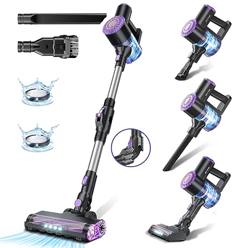 PRETTYCARE Cordless Vacuum Cleaner, 6 in 1 Lightweight Stick Vacuum Self-Standing with Powerful Suction, 180° Bendable Wand Rechargeable Cordless Vacuum for Hardwood Floor Pet Hair (Purple)