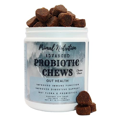 Primal Nutrition Probiotics for Dogs - Digestive Enzymes for Gut Flora, Digestive Health, Diarrhea & Bowel Support - Dog Supplement Soft Chew for Pet Immune System - Chicken