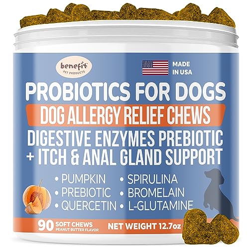 Probiotics for Dogs, Allergy Relief Soft Chews, with Digestive Enzyme Prebiotic for Itchy Skin, Anal Gland & Reduce Diarrhea - Pumpkin for Dogs, Quercetin, Bromelain, Made in USA (90 ct)