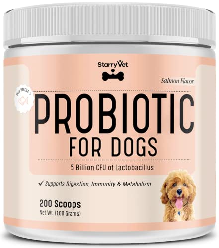 Probiotics for Dogs - Powder Supplement StarryVet 5 Billion CFU's, Digestive Enzymes, Prebiotics - Dog Allergies, Diarrhea, Bad Dog Breath, Constipation, Gas, Yeast, Hot Spots -100 Grams