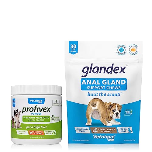 Profivex 5-Strain Cat & Dog Probiotic Powder 4.5oz and Glandex for Dogs Anal Gland Support Chews 30 Ct Bundle, Anal Gland Supplement for Dogs, Pork Liver Flavor Probiotic Powder for Dogs and Cats