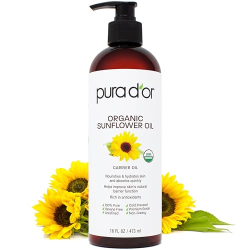 PURA D'OR Organic Sunflower Seed Oil (16oz) USDA Certified 100% Pure Carrier Oil - Moisturizing & Nourishing For Skin, Face, & Hair (Packaging May Vary)