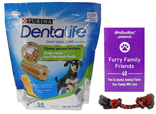 Purina DentaLife Daily Oral Care Chews Dental Dog Treats - Mini Snacks for Small Breeds (58 Count) - Plus Rope Toy and Fun Animal Facts Booklet Bundle