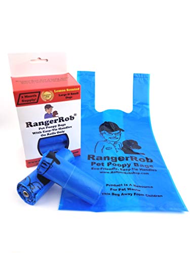 RangerRob Poopy Bags On Rolls. Premium Dog Waste/Poop Bags, Custom Easy-tie Handles for Large & Small Dogs. Lemon Scented (Dust Free), Larger & Deeper Design, Qty. 120 (on Rolls)