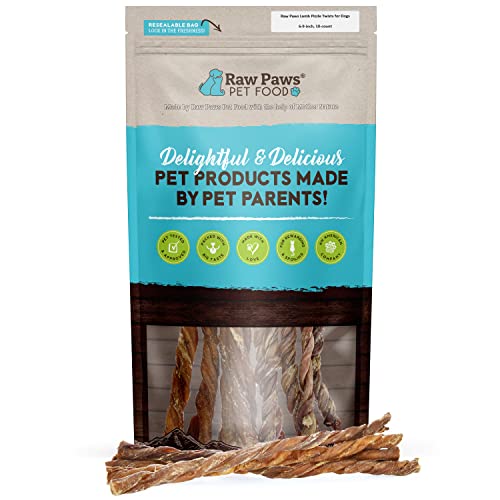 Raw Paws Lamb Pizzle Twists for Dogs - 5-9 inch, 10-ct - USA Packed Natural Lamb Pizzle Sticks - Free-Range, Digestible Lamb Bully Sticks - Grain-Free Lamb Twist Dog Chew Sticks - Lamb Dog Treats