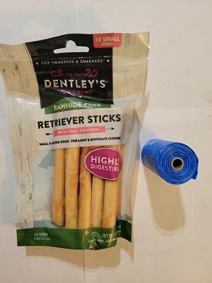 Rawhide Free Retriever Sticks with Real Chicken 10 Count 5 Inch for Small & Medium Dogs and 1 Dog Waste Roll